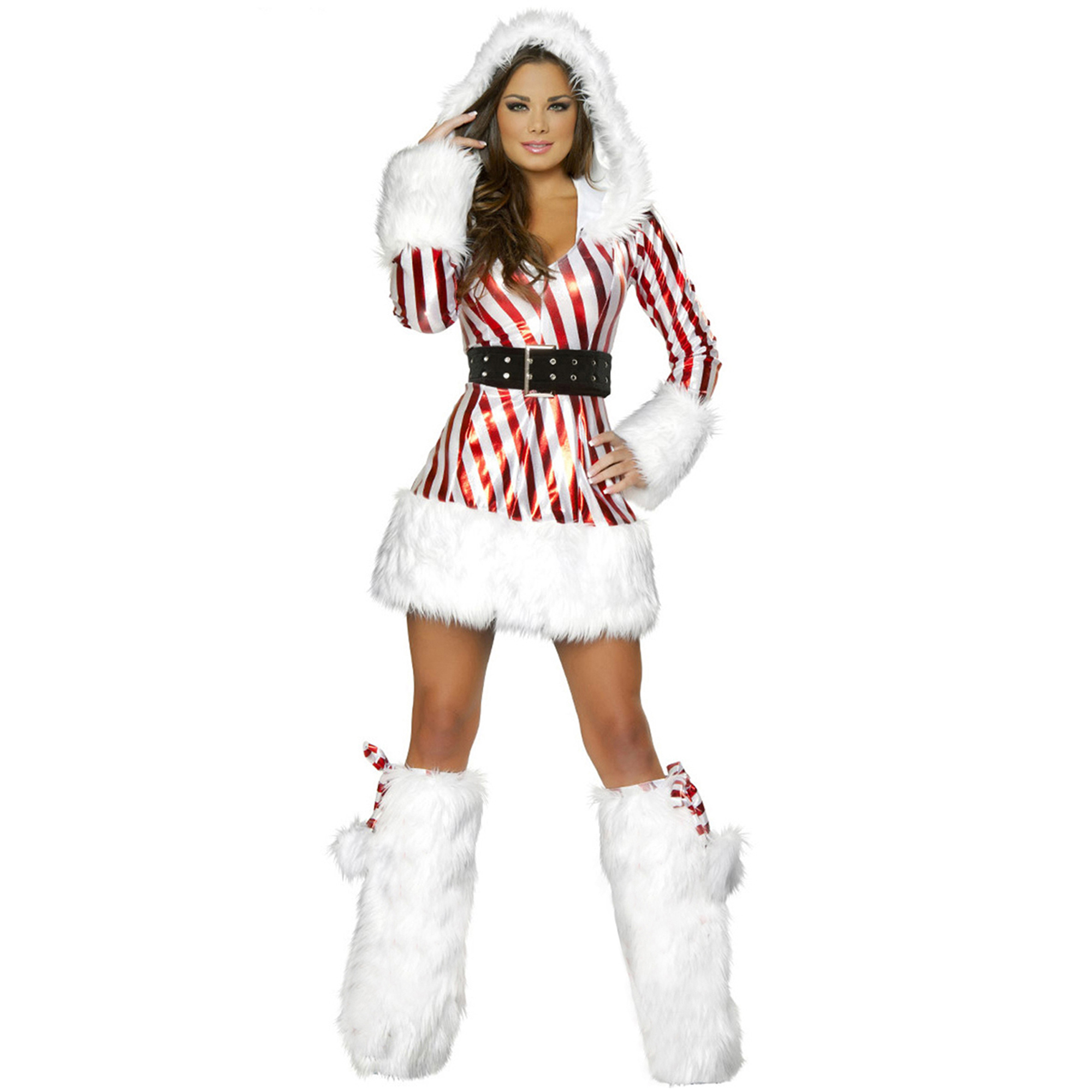 Women's Mrs. Claus Costume Sexy Outfit Dress Santa Costume Hat and Fur Fuzzy Leg Warmers